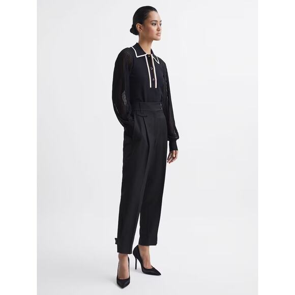 REISS Black High Rise Cropped Tapered Trousers Womens 12 Black Pleat Front - Picture 1 of 16